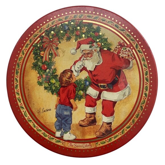 Vintage Swiss Colony Christmas Tin With Santa & Child Design Round Metal Storage - Picture 1 of 4